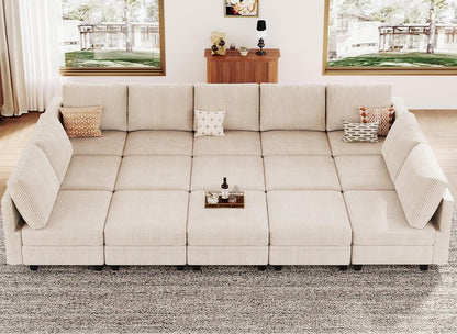 Belffin Large 15 Seat Modular Sectional Sofa with Storage Seat Corduroy Sleeper Sectional Sofa Bed Oversized Convertible Modular Couch for Living Room Beige