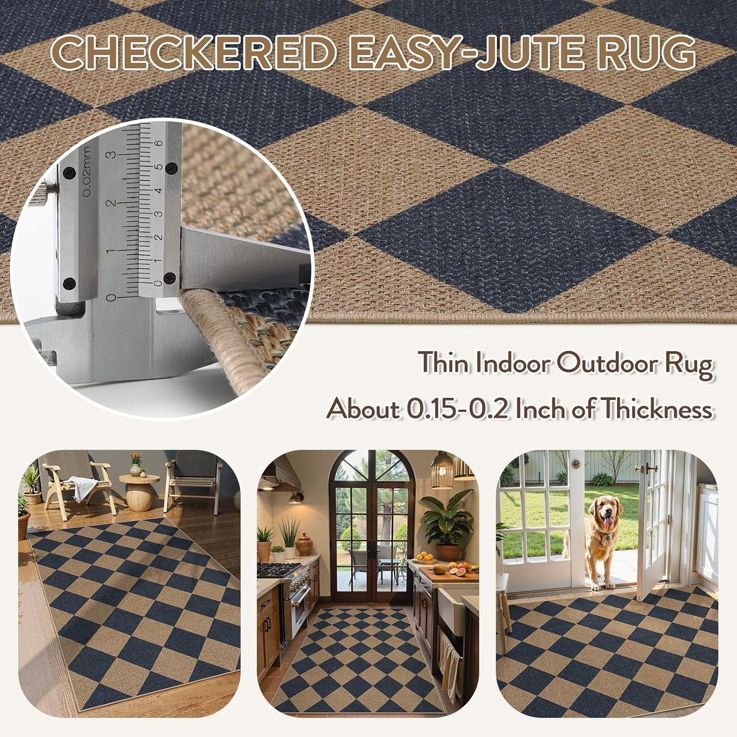 Lahome Checkered Easy Jute Entryway Rug, 3x5 Washable Area Rugs for Living Room Outdoor Patio, Non Slip Blue Indoor Door Mat Checkerboard Throw Carpet for Entry Front Door Guestroom Deck