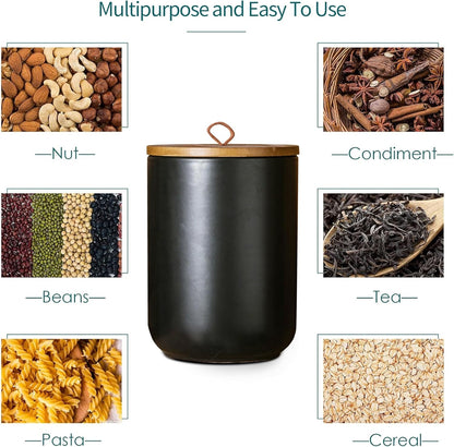 Black Canister Sets for Kitchen, 3pcs Ceramic Canisters with Airtight Wooden Lid, Food Storage Jar, Large Kitchen Storage Containers for Serving Coffee Beans, Tea, Sugar, Salt, Spices