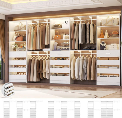 Aheaplus Closet System Set of 3, 138.5" Wood Closet Organizer System Tower with 12 Drawers & 4 Hanging Rods, 6.7+4.85Ft L Shaped Walk-in Closets Wardrobe Organizer Garment Rack with Shelves, White