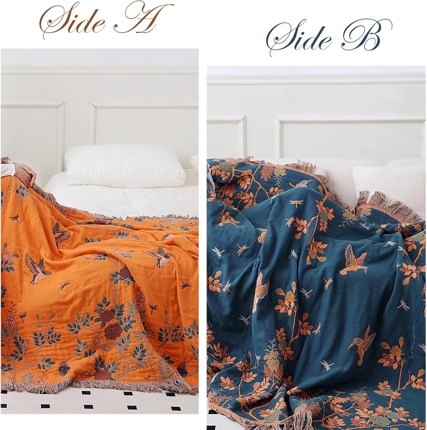 Snycler Boho Throw Blanket for Bed, 100% Organic Cotton Muslin Soft Throw-Floral Bird Farmhouse Rustic Spring Summer Fall Decor Blanket for Couch Sofa Quilt and Gift, 60" x 80" Orange