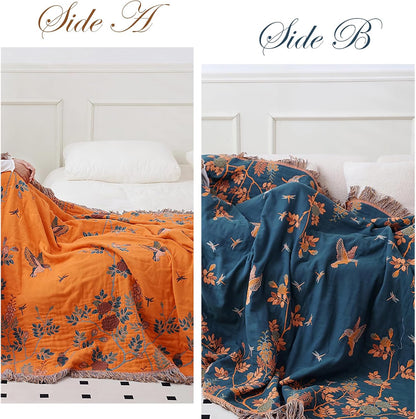 Snycler Boho Throw Blanket for Bed, 100% Organic Cotton Muslin Soft Throw-Floral Bird Farmhouse Rustic Spring Summer Fall Decor Blanket for Couch Sofa Quilt and Gift, 60" x 80" Orange