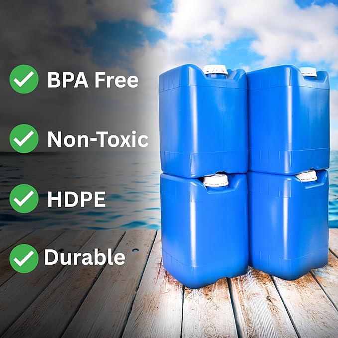 5-Gallon Stackable Water Tanks for Long-Term Emergency Storage | Complete Water Storage Kit for Survival with Lids, Spigot, Water Treatment, Hose & Faucet Attachment (6 Tanks (30 Gallons))