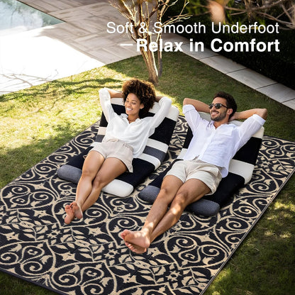 OLANLY Outdoor Rug Waterproof 6x9 ft Clearance, Reversible Outdoor Plastic Straw Rug with Floral Pattern, RV Mat for Patio, Camping, Balcony, Deck, Backyard, Black & Beige