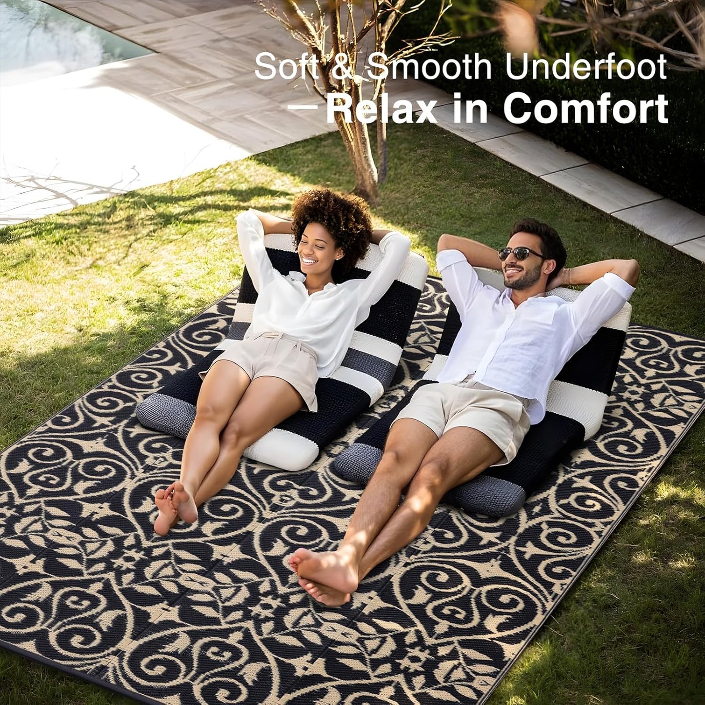 OLANLY Outdoor Rug Waterproof 9x12 ft Clearance, Reversible Outdoor Plastic Straw Rug with Floral Pattern, RV Mat for Patio, Camping, Balcony, Deck, Backyard, Black & Beige