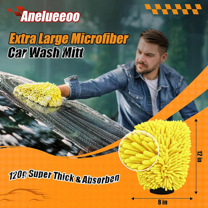 Car Wash Mitt Microfiber, Premium Chenille Microfiber Wash Car Mitts Sponge Scratch Free & Lint-Free, Mitts Waterproof Lining 4 Pack Yellow (8''X12'')