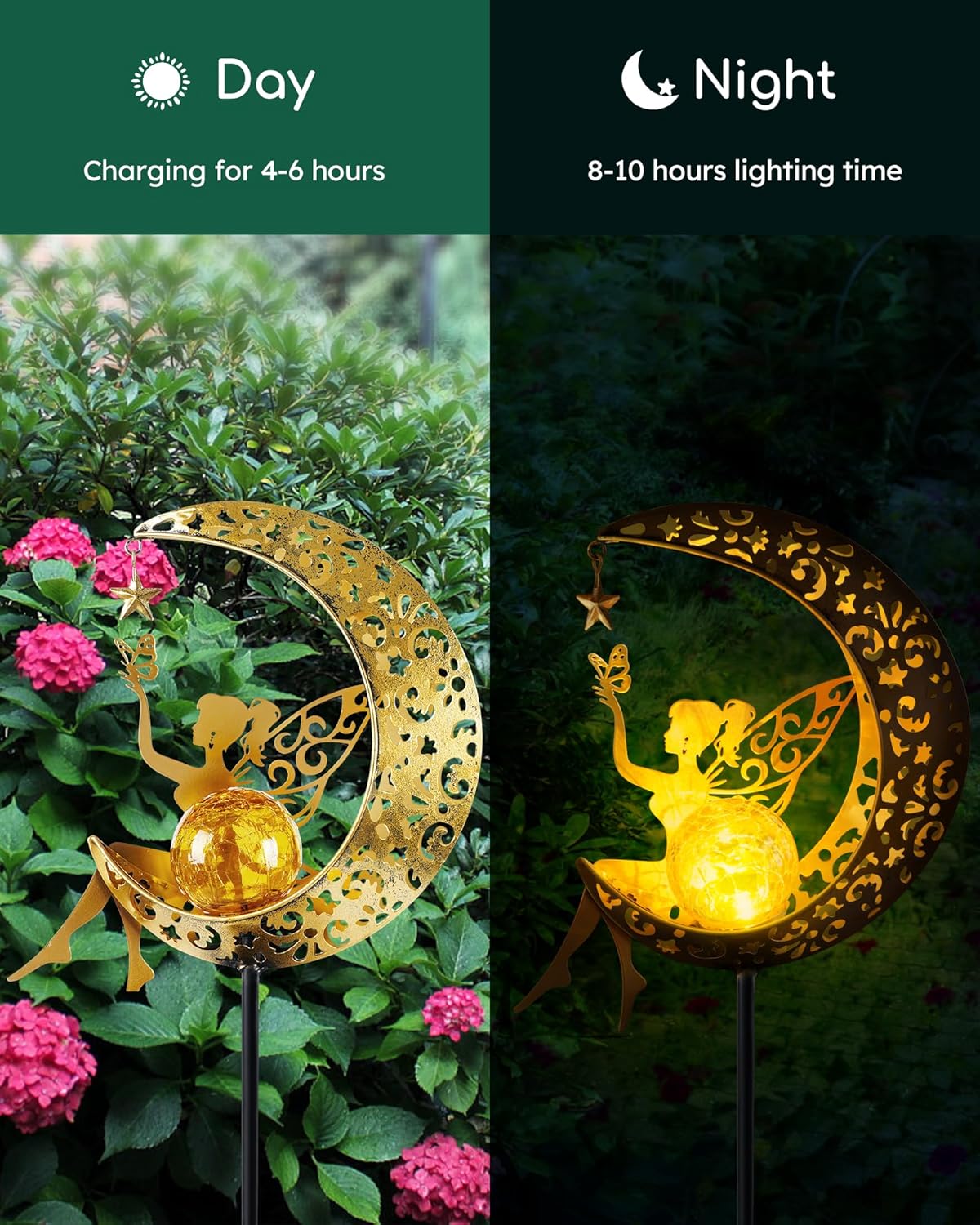 Solar Garden Statues Outdoor Decor, Fairy Moon Figurine Light Stake, Housewarming Ornament for Patio, Lawn, Yard, Pathway - Unique Gift Ideas for Gardening Mom Grandma