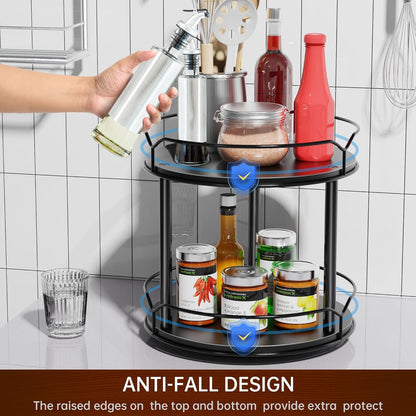 Lazy Susan Organizer 2 Tier - 9.2" Turntable Spice Rack for Table Top, Wooden Rotating Lazy Susan for Cabinet Pantry Kitchen Countertop Dining Table Cupboard Bathroom Vanity Storage(Black)