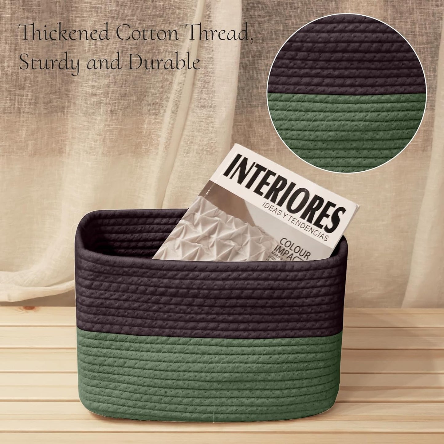 Hopegiver Woven Storage Baskets 11x8x7 Inch, 3 Pack Collapsible Cube Storage Bin for Shelves - Foldable Cotton Rope Organizer Bins for Towels, Toys, Books, Closet, Nursery (Brown Green)