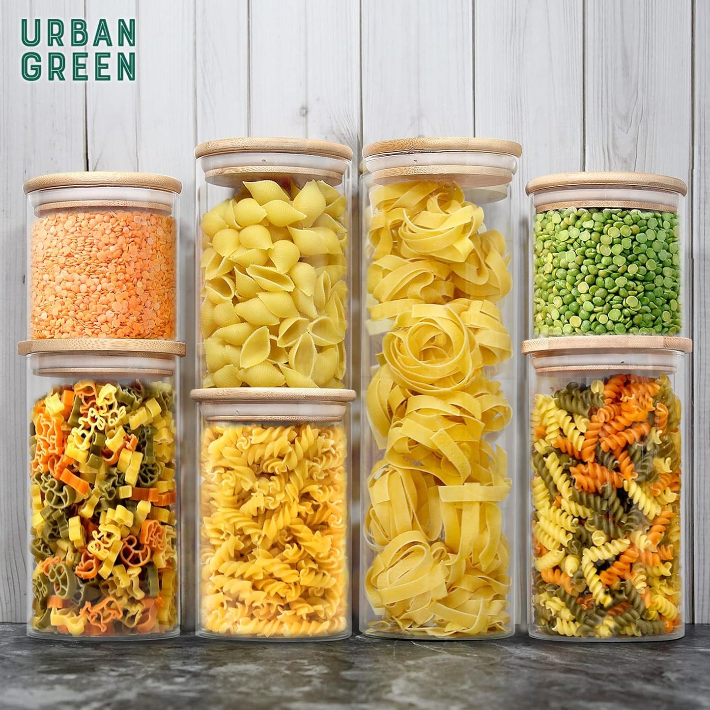 Urban Green Glass Jars with Bamboo Lids, Glass Airtight Canisters sets, Food Storage Container, Pantry Organization and Storage Jars, Kitchen Canisters Sets, Flour Containers of 6