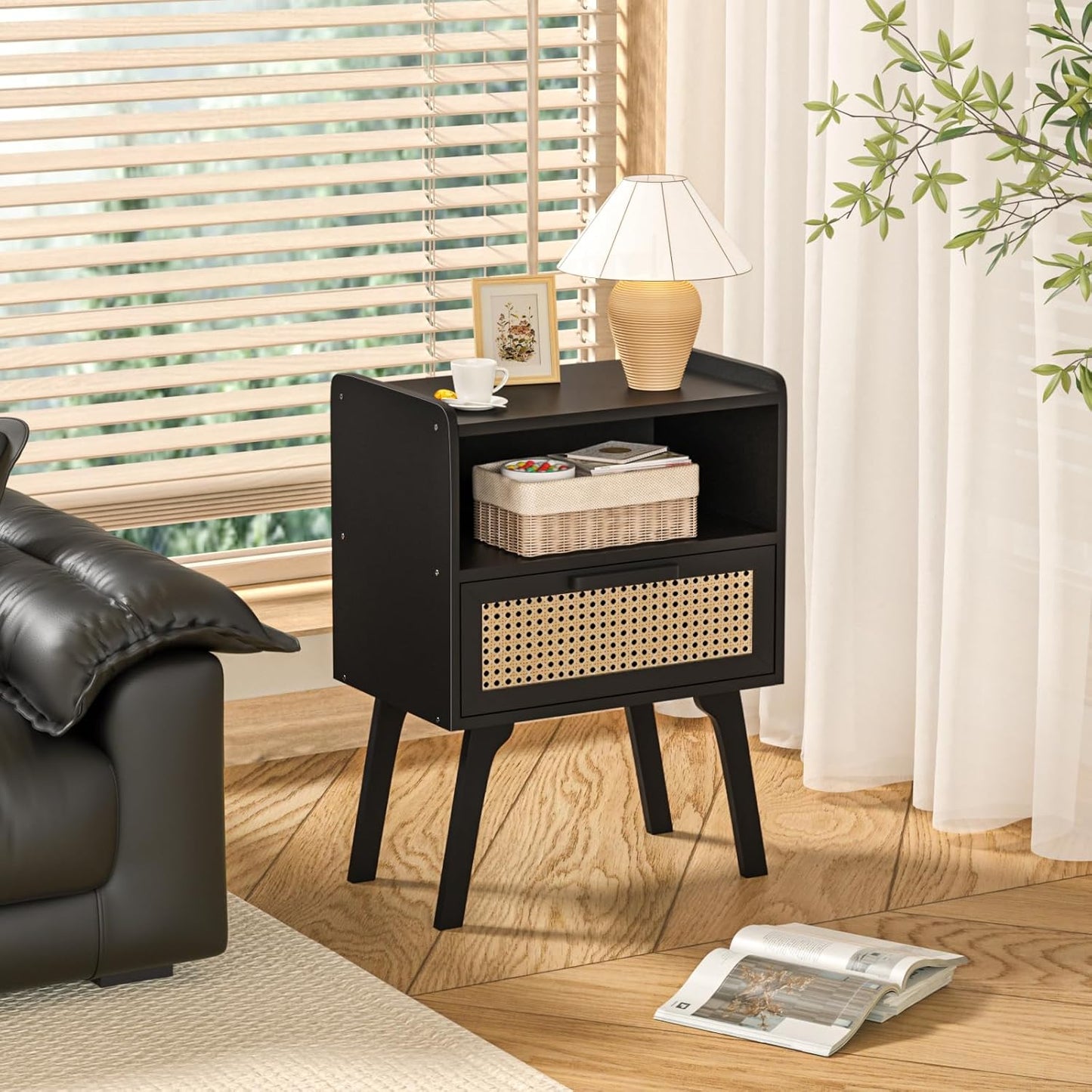 Lerliuo Rattan Nightstands Set of 2, Bedside Table with Drawer Open Shelf, Cane Accent Side End Table with Solid Wood Legs, Black Mid Century Night Stand for Bedroom, Dorm and Small Spaces