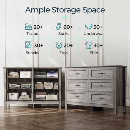 LINSY HOME Farmhouse 6-Drawer Dresser - Grey Chest of Drawers for Bedroom and Living Room Organization, Wood Dresser with Ample Storage Space and Rustic Charm