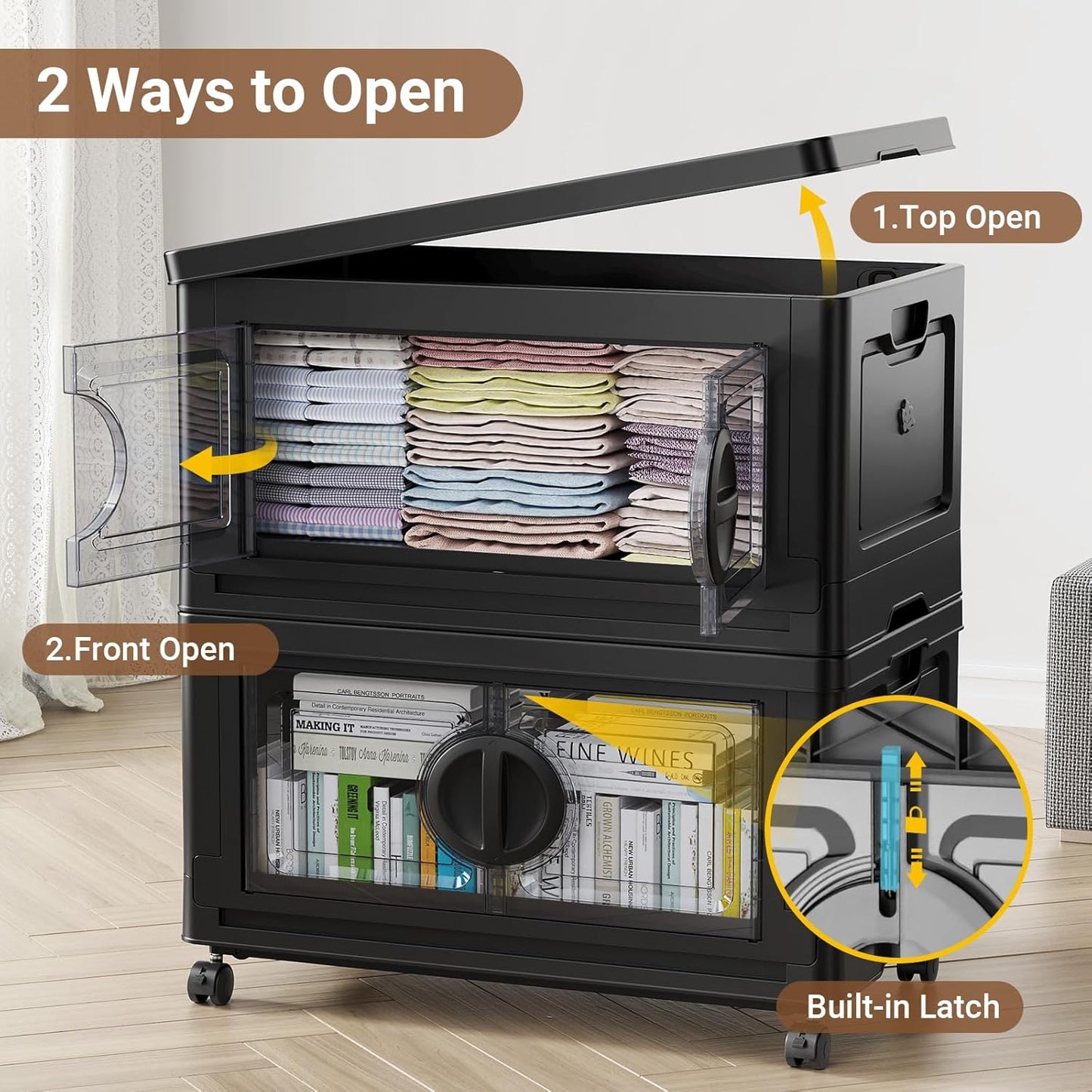 BROVIEW 480Qt Lockable Stackable Storage Bins with Lids, Closet Organizers and Storage Drawer, Collapsible Storage Bin with Wheels, Plastic Cabinet for Toy Clothes Dorm Organizer, V9 4 Pack Black