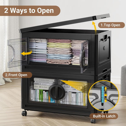 BROVIEW 480Qt Lockable Stackable Storage Bins with Lids, Closet Organizers and Storage Drawer, Collapsible Storage Bin with Wheels, Plastic Cabinet for Toy Clothes Dorm Organizer, V9 4 Pack Black