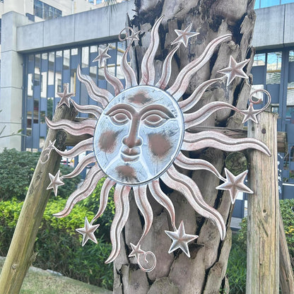 TICKCACY Metal Sun Wall Art Sculpture Decor, 23.8” Vintage Sun and Star Wall Hanging Decoration for Indoor Outdoor Living Room Farmhouse Yard Garden Patio