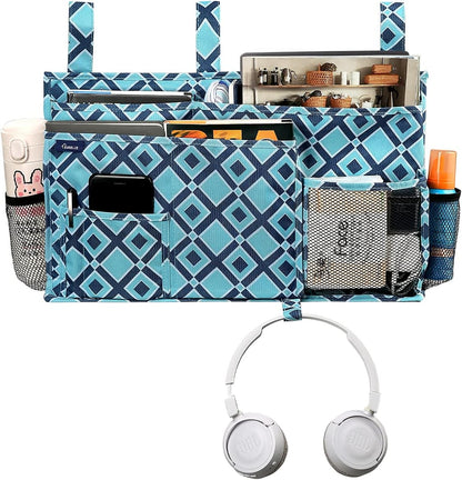 Surblue Bedside Caddy Hanging Bed Organizer Storage Bag Pocket for Bunk and Hospital Beds, College Dorm Rooms Baby Bed Rails, Camp 8 Pockets, (Large, Blue Plaid)