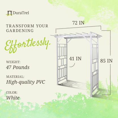 Dura-Trel Wellington Arbor, Vinyl Garden Archway for Outdoors, White, 72" x 85" - Backyard Decorative Arch for Pathways & Entrances w/ Trellis Sides for Climbing Plants, Vines & Flowers