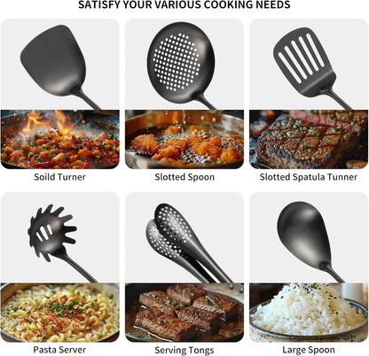 304 Stainlss Steel Matte Kitchen Utensils Set, 11 Pcs Long Metal Cooking Utensil Gadgets Tools Set with Spatula, Ladle, Spoon, Ladle, Skimmer, Tunner, Pasta Server, Tongs(Black, Dishwasher Safe)