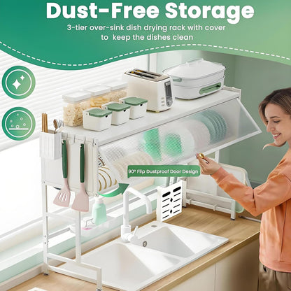 Dish Drying Rack, 3-Tier Over Sink Dish Drying Rack, 33.5" Sink Dish Rack for Small Kitchen, Space-Saving Sink Dish Rack with Cover, Baskets, Utensil, Large Kitchen Storage Organizer White
