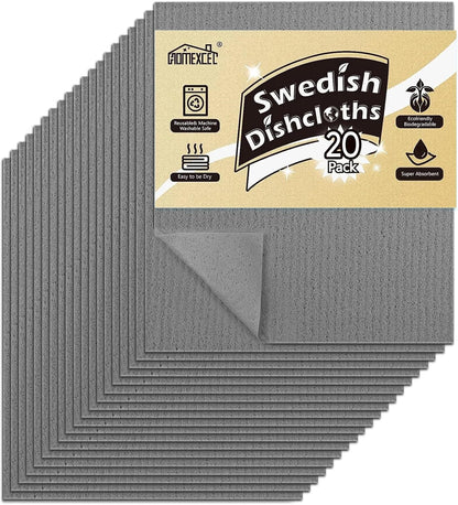 HOMEXCEL Swedish Dishcloths for Kitchen 20 Pack, Sponge Dish Cloth for Counters & Washing Dishes, Reusable and Absorbent Paper Towels, Grey