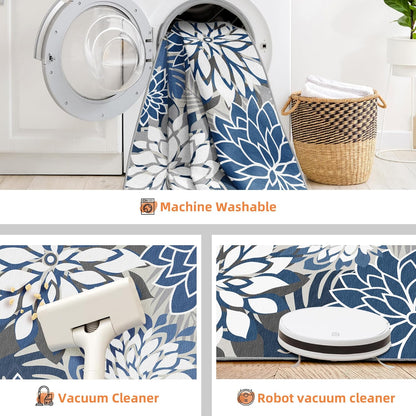 Indoor Outdoor Area Rug Washable Multicolored Patio Rug Tropical Botanical Modern Floral Indoor Outdoor Carpet Blue White Rug Non Slip for Patio, Deck, Backyard, Porch (8x10)