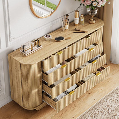 63" Tambour Dresser for Bedroom with 8 Drawers, Modern Chest of Drawers with Sliding Doors & 4 Shelves, Fluted Dresser Storage Organizer for Bedroom, Closet, Living Room(Natural)