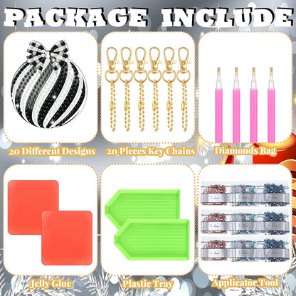 Tondiamo 20 Pcs Christmas Diamond Painting Keychain Kits 5D DIY Diamond Art Pendants Double Sided Hanging Key Chains for Christmas Party Decoration DIY (Black Style)