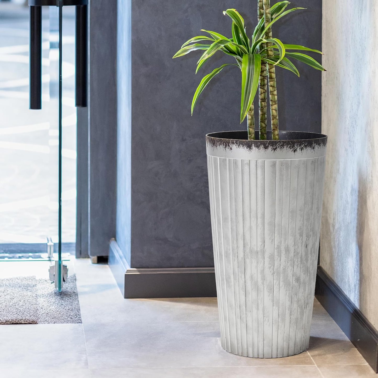 Worth Garden 22.5" H. Plastic Planters - Set of 2 Silver Color Tall Conical Plant Pots for Indoor Outdoor Use - Decorative Lightweight Flower Pots for Front Porch, Patio, Deck - 12.5" Dia x 22.5" H