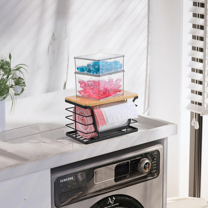 ALOCEO Small Wall Basket, Stainless Steel Adhesive Cabinet Door Organizer with Bamboo Top for Kitchen, Cabinet, Pantry, Black