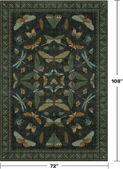 6x9 Dark Green Area Rugs for Dining Room - Rugs for Living Room, Bedroom Under Bed, Insect Moth Floral Non Slip Low Pile Floor Carpet