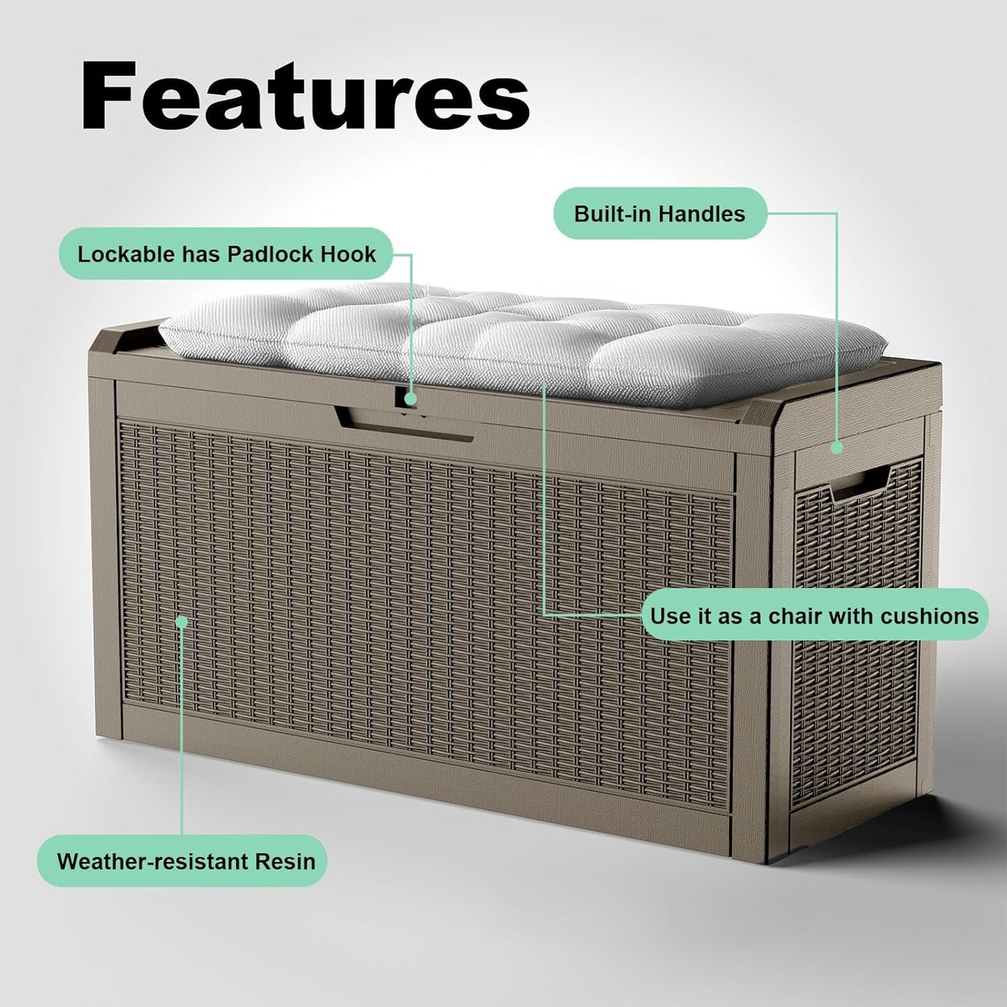 60 Gallon Resin Deck Box, Lockable Outdoor Storage Box for Patio Cushions Storage Furniture,Garden Tools, Pool Supplies, Weatherproof and UV Resistant (Grey Rattan)