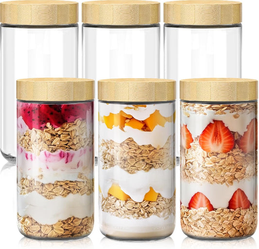 6 pack 24oz Overnight Oats Containers with Bamboo Lids, Glass Jars with Airtight Lids for Meal Prep, Wide Mouth Mason Salad Jars, Glass Food Storage Container for Yogurt Chia Snacks Spice Sugar