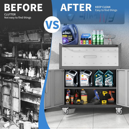 Metal Storage Cabinet with Wheels, Rolling Tool Cabinet with Adjustable Shelve, Locking Garage Storage Cabinet with 1 Drawer and 2 Doors for Tools, Assembly Required (Black/Grey)