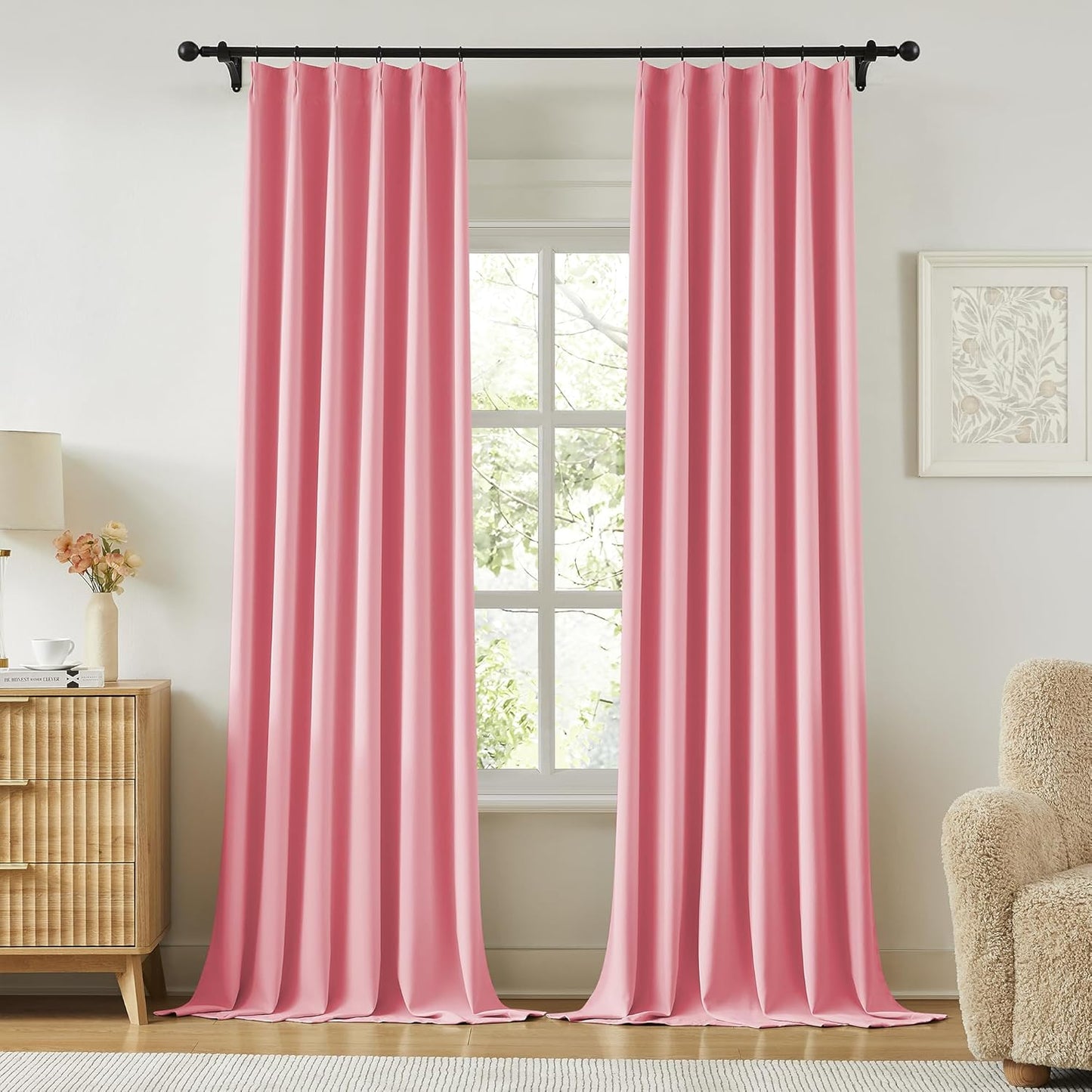 KangBang Pink Long Curtains 120 Inches Long, Pinch Pleat Blackout Curtains for Living Room Soundproof Sliding Door Aesthetic Window Panels for Traverse Rod with Hooks,2 PCs,40Wx120L