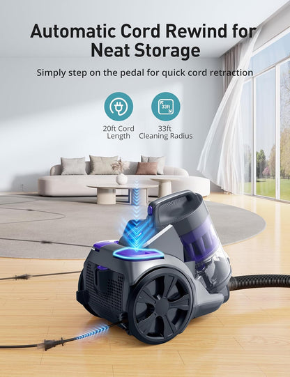 Aspiron 1700W Canister Vacuum Cleaner, 32Kpa Bagless Vacuum Cleaner, Multi-Cyclonic Filtration, 2 Anti-Allergen HEPA Filters, 3.5QT Dust Cup, 4 Tools, Corded Vacuum for Hard Floor, Pet Hair, Lavender