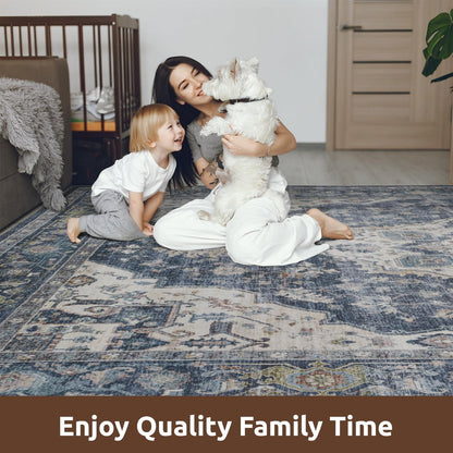 AMOAMI-Area Rug 9X12 Rugs for Living Room-Vintage Soft Blue Rugs for Bedroom-Non Slip Carpet-Washable Rug for Dining Room Living Room Bedroom Office Under Table