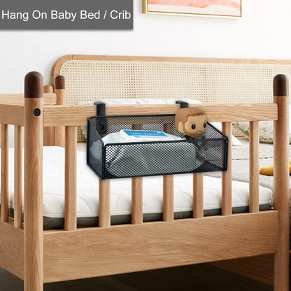 Bedside Caddy Hanging Storage Basket Beside Shelf Metal Organizer for Collage Dorm Bunk Bed,Hospital Bed,Baby Bed - Bedroom Essentials for Magazine,Remote Control,Phone,Drinks (Black)