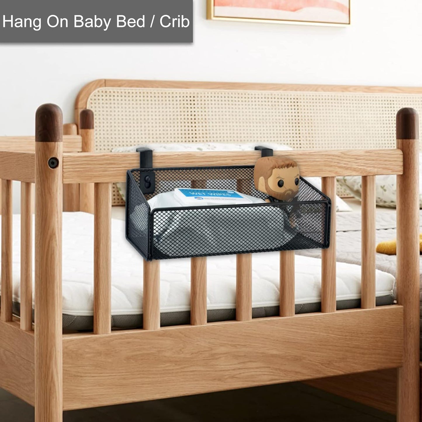 Bedside Caddy Hanging Storage Basket Beside Shelf Metal Organizer for Collage Dorm Bunk Bed,Hospital Bed,Baby Bed - Bedroom Essentials for Magazine,Remote Control,Phone,Drinks (White)