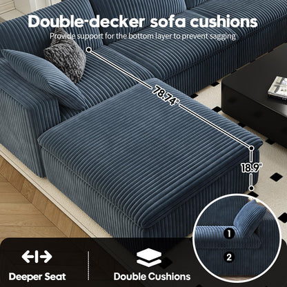 LoveSeat Cloud Couch Modular Sectional Sofa for Living Room,Modern Sofa with Deep Seat，2 Seater Boneless Couch,Comfy Upholstered Corduroy Couches for Apartment, Studio, Office,Bedroom，Blue