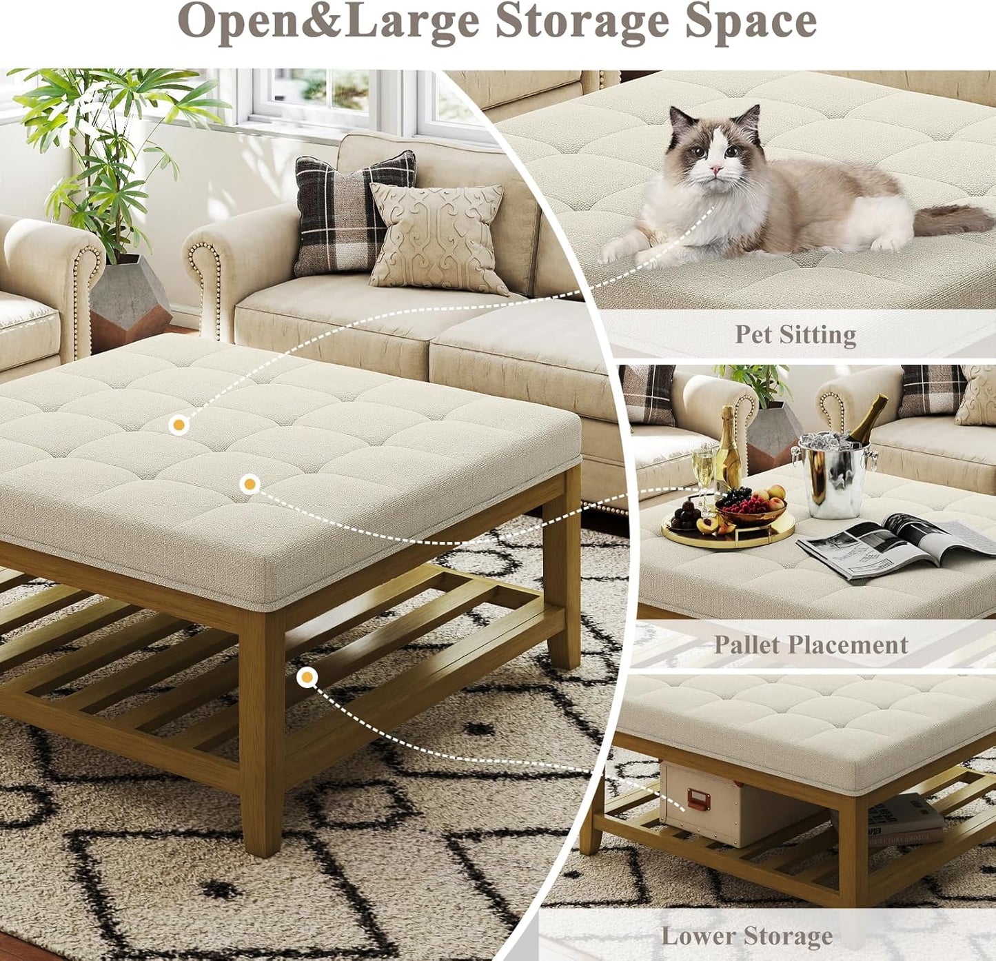 Large Square Ottoman Coffee Table, Linen Solid Upholstered Footrest Ottoman with Solid Wood Shelf Storage Tufted Coffee Table for Bedroom Living Room, Ivory