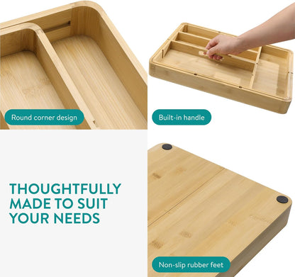 Navaris Bamboo Kitchen Drawer Organiser - Cutlery Tray with Removable Divider for Customisable Drawers Storage - Expandable Trays for Utensils, Tools, Makeup, Stationery, 30 x 43cm