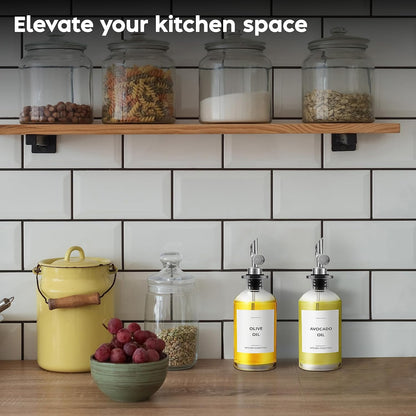 Olive Oil Dispenser Bottle - Includes 55 Kitchen Essential Labels - Cooking Oil Bottles for Kitchen, Coffee Syrup Dispenser - Pourer Spout with 11.8 fl oz Glass Container Cruet - 2pcs Silver