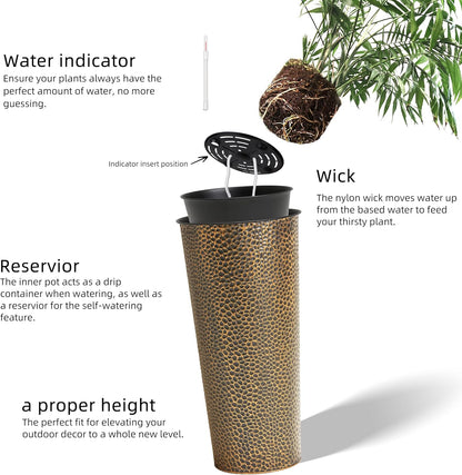 KOL 28" H. Tall Metal Cone Planters with Inner Pots 2-Pack, Bronze Hand-Hammered Large Decor Planter for Deck, Patio, Porch - Handcrafted Flower Pot - with Water Level Indicator - Indoor Outdoor Use
