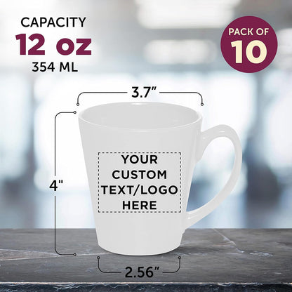 DISCOUNT PROMOS Custom Glossy Ceramic Latte Coffee Mug 12 oz. Set of 10, Personalized Bulk Pack - Perfect for Tea, Espresso, Cappuccino, Hot Cocoa - White