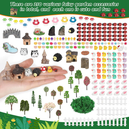 Thrilez 210 Pieces Miniature Fairy Garden Accessories, Including Resin Animals, Miniature Figurines, Micro Landscape Ornaments Kit, Fake Diorama Trees for Fairy Garden Decor