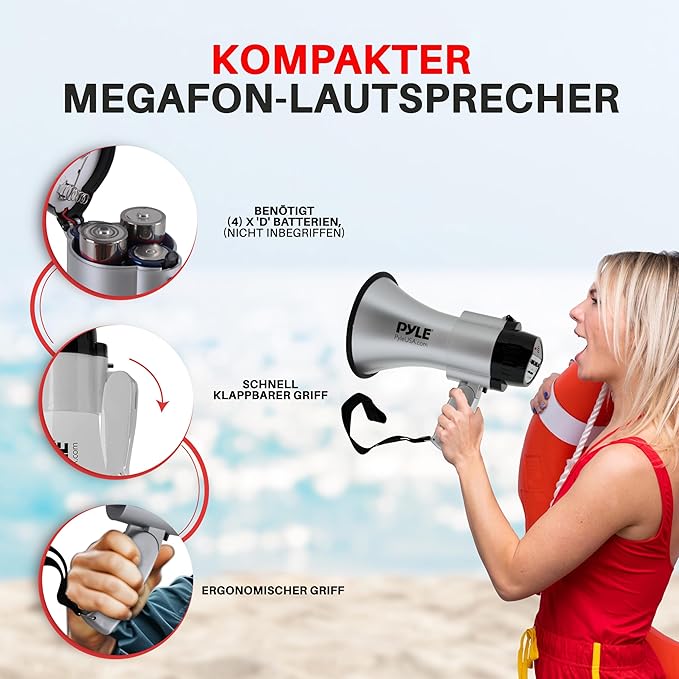 Pyle Portable Megaphone Speaker Siren Bullhorn - Compact and Battery Operated with 30 Watt Power, Microphone, 2 Modes, PA Sound and Foldable Handle for Cheerleading and Police Use - PMP33SL (Silver)