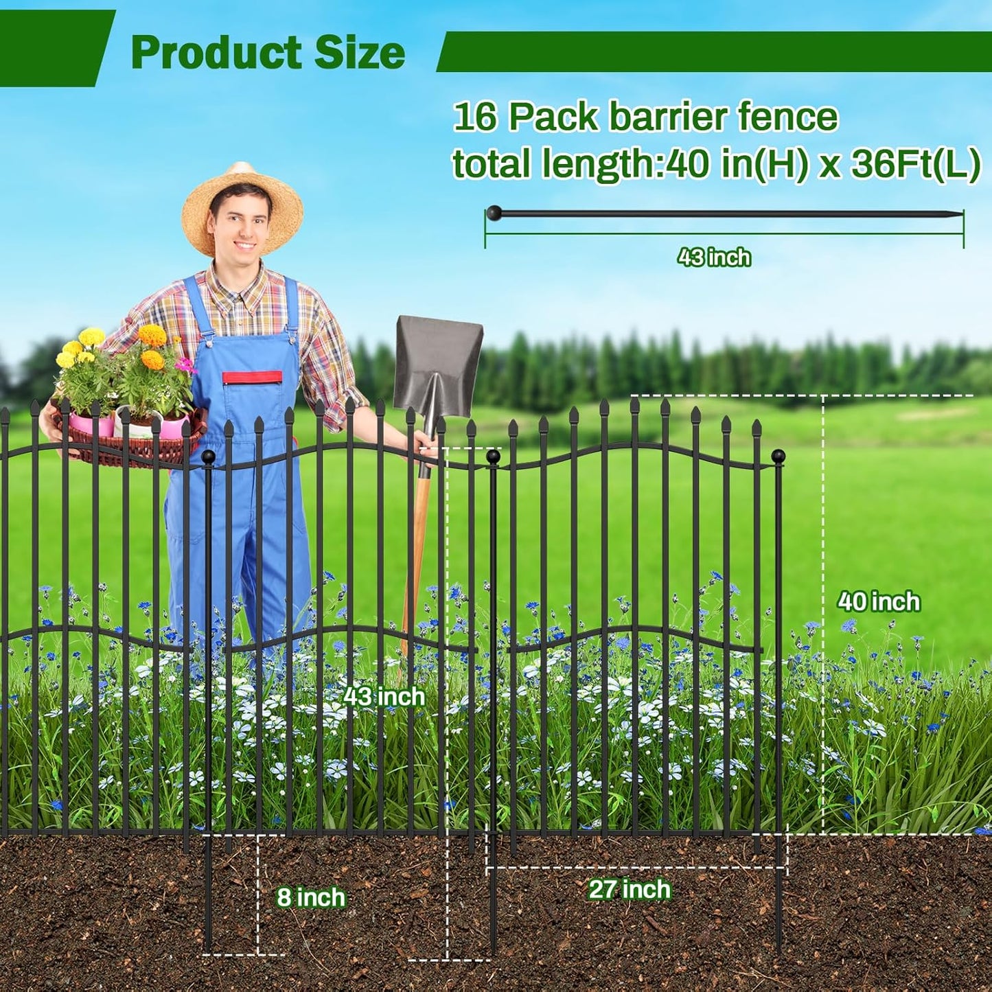 16 Panels Tall No Dig Garden Fence - 40in H x 36ft L 15 Panels + 1 Gate, Reinforced Square Tube Rustproof Animal Barrier, Decorative Metal Fencing for Yard & Outdoor Dog Pet Play Areas
