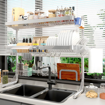 VNKZI Over Sink Dish Drying Rack, 3 Tier Full Stainless Steel Storage Adjustable Length (25.98'' to 36.61'') Kitchen Rack, Multifunctional Expandable Counter Organizer, Space Saver Dish Rack