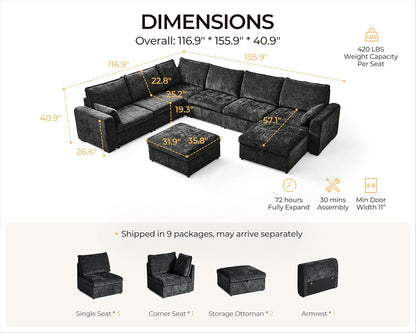 Oversized Modular Sofa Comfy Cloud Couch with Storage, Extra Deep Plush Sectional Sofa Set for Living Room, Covers Washable, Chenille, Olar (Black, 8-Seater with Corner & 2 Ottomans, u-Shaped)