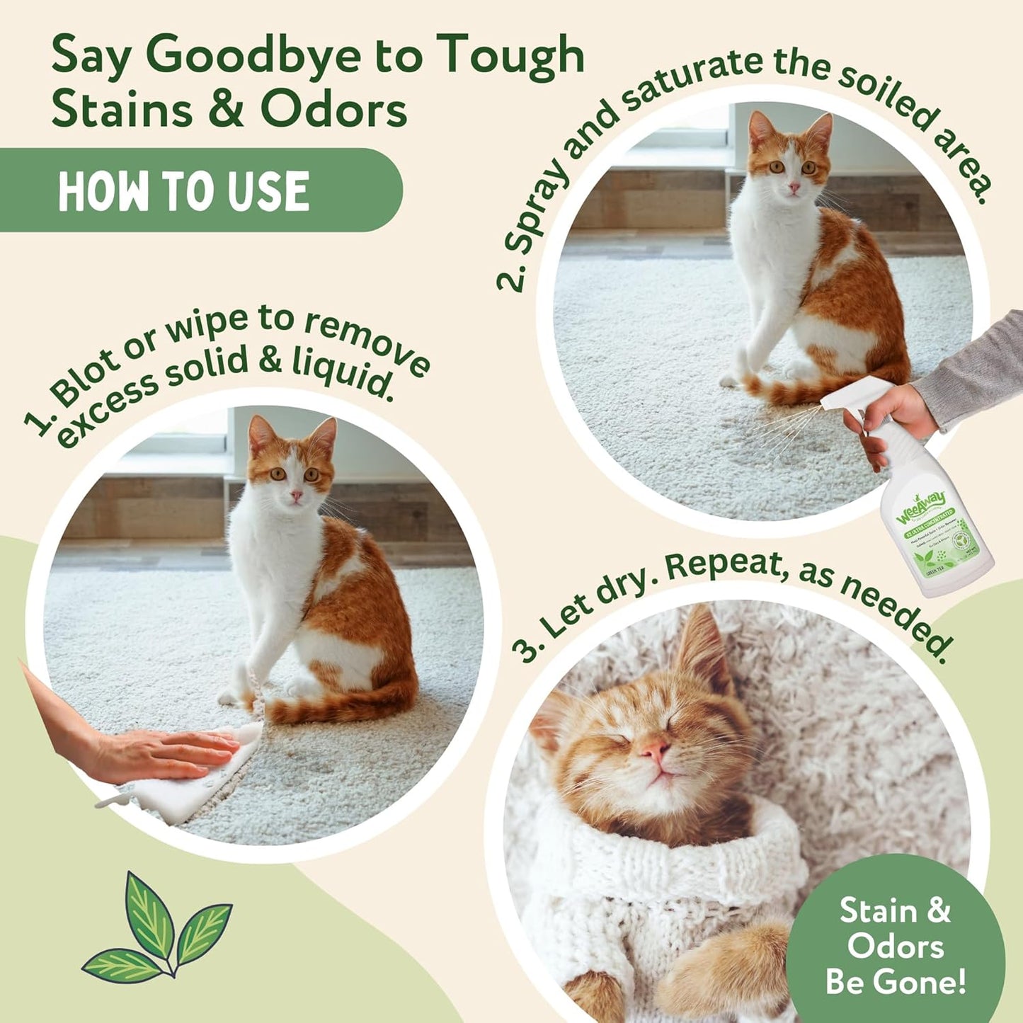 Wee Away X2 Ultra Concentrated Pet Stain and Odor Remover, Enzyme Cleaner for Cat Urine and Poop Carpet & Furniture Safe, Pet Urine Odor Eliminator Spray (Green Tea 16 oz)